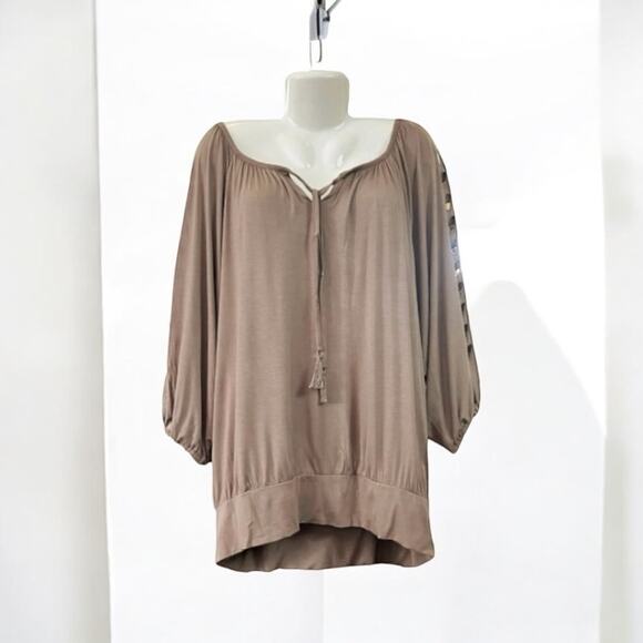 Chelsea & Theodore Women's Camel Brown Split Neck 3/4 Sleeves Tunic | Size 3X - Picture 1 of 10